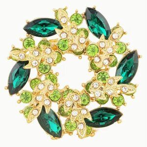 Betsey Johnson Green Crystal Wreath Brooch Gold Tone